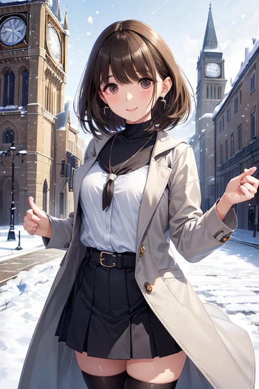 anegasaki nene、Shiny brown hair, short hair, (Beautiful brown eyes、Sparkling eyes, Fine grain)、smile、Ultra-detailed eyes、Highly detailed face, Highly detailed eyes,Cowboy Shot、
((Biologically correct limb count))、4K、masterpiece、Eye for detailed depiction、Beautiful woman、Excellent style、Beautiful arms、Beautiful feet、Beautiful Hands、Slender body、(Small Ass、Thin thighs)、(Black Stockings、High heels)、Detailed depiction of the face、
Small earrings、necklace、(Upper body shirt、Lower body skirt、coat)、Snowy morning town、Meet in front of the clock tower、Face close-up、smile、clear