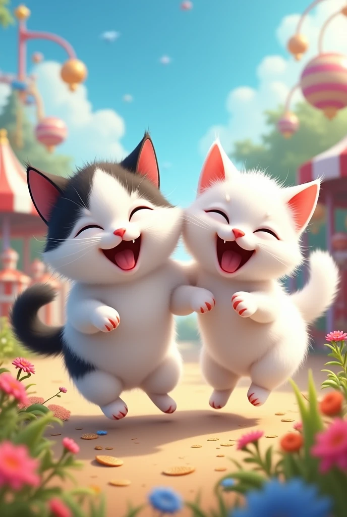 Munchkin white cat and black-eared white cat Amusement park Laughing Playing Flowers Short legs

