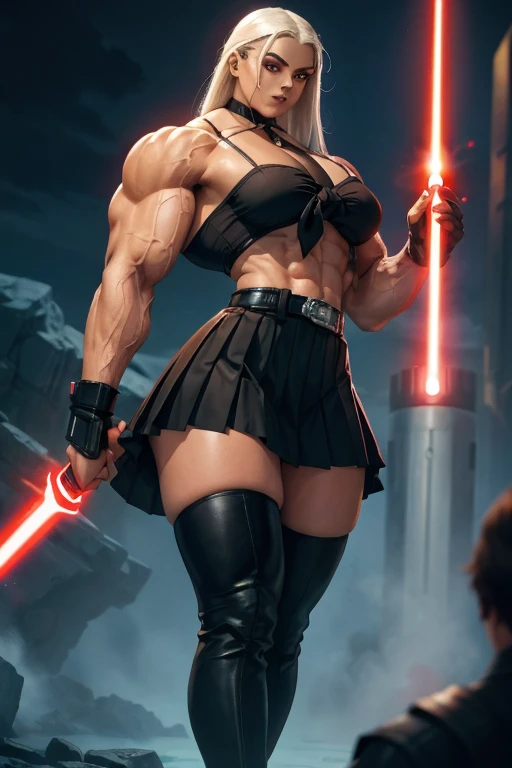 ((Massive, tall, beautiful, buff, muscular light brown skinned female Sith Lord with yellow hair, black lipstick, ginormous bulky muscles, holding a red lightsaber and wearing a tiered gothic dress with a Sith hood)), (close view), black eyeliner, massive muscles, massive biceps, hyper muscle triceps, long flowing hair, (((glowing gray eyes))), (tiered gothic dress), thigh high boots, In red space, (Sith hood), nighttime, (evil smile), hyper muscles arms, hyper muscle legs, massive arms