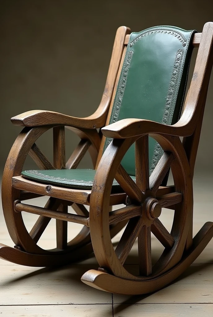 Rocking chair, of wood, rustic style. With large wheelbarrow wheels on its armrests, a comfortable dark green leather seat and backrest, and a wood full of openwork details, Designed for a Lord of the Rings hobbit.