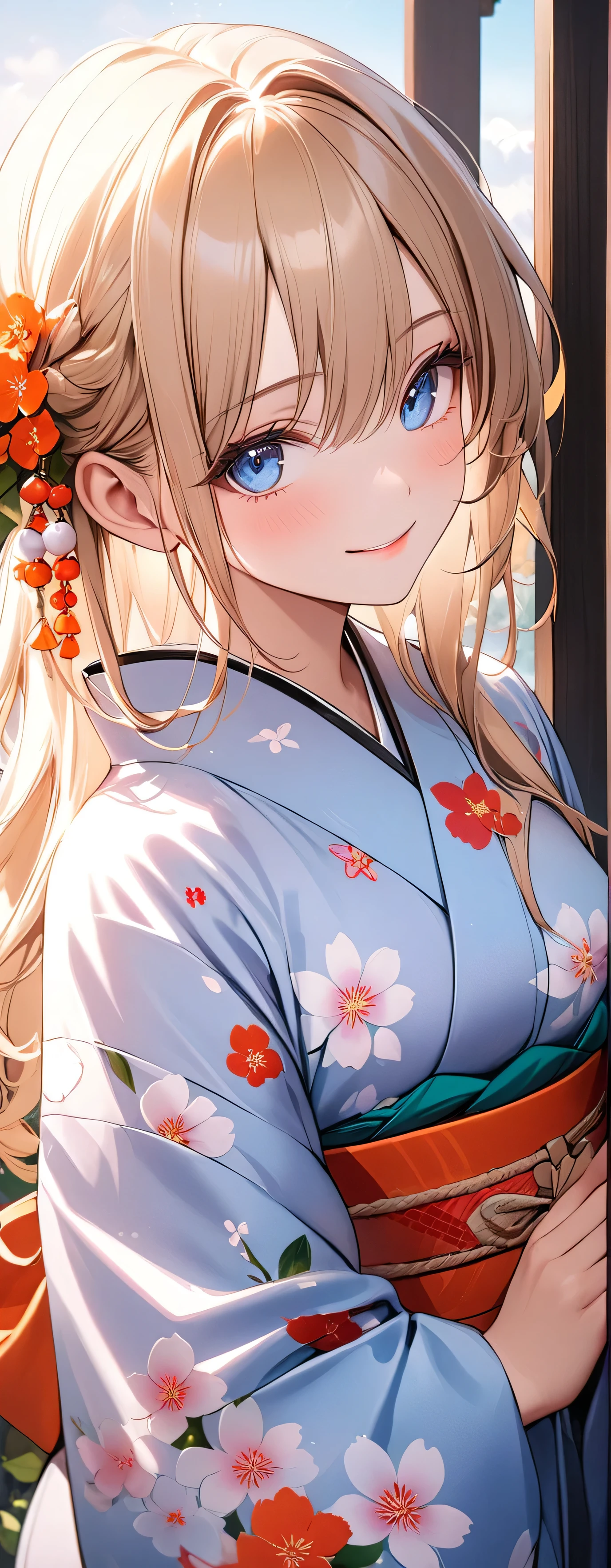 (beautiful girl: 1.3),1girl,masterpiece, Highest quality, Ultra-high resolution,Rich contrast,super high quality,8k,Highly detailed CG unit wallpaper,texture,Unbelievably absurd,Ultra-high resolution,RAW Photos,Depth of Field 1.2,(Beautiful and detailed kimono),smile,Light blue eyes,Very fine eye,bigeyes,Droopy eyes,White skin,blonde,Long Hair,moon between the clouds,stardust,,mystic glow,phantom moon,(from behind:1.8), (Gazing-into-the-Distance:1.3),(Looking Up 1.3),Veranda,wariza,She is gazing at the moon