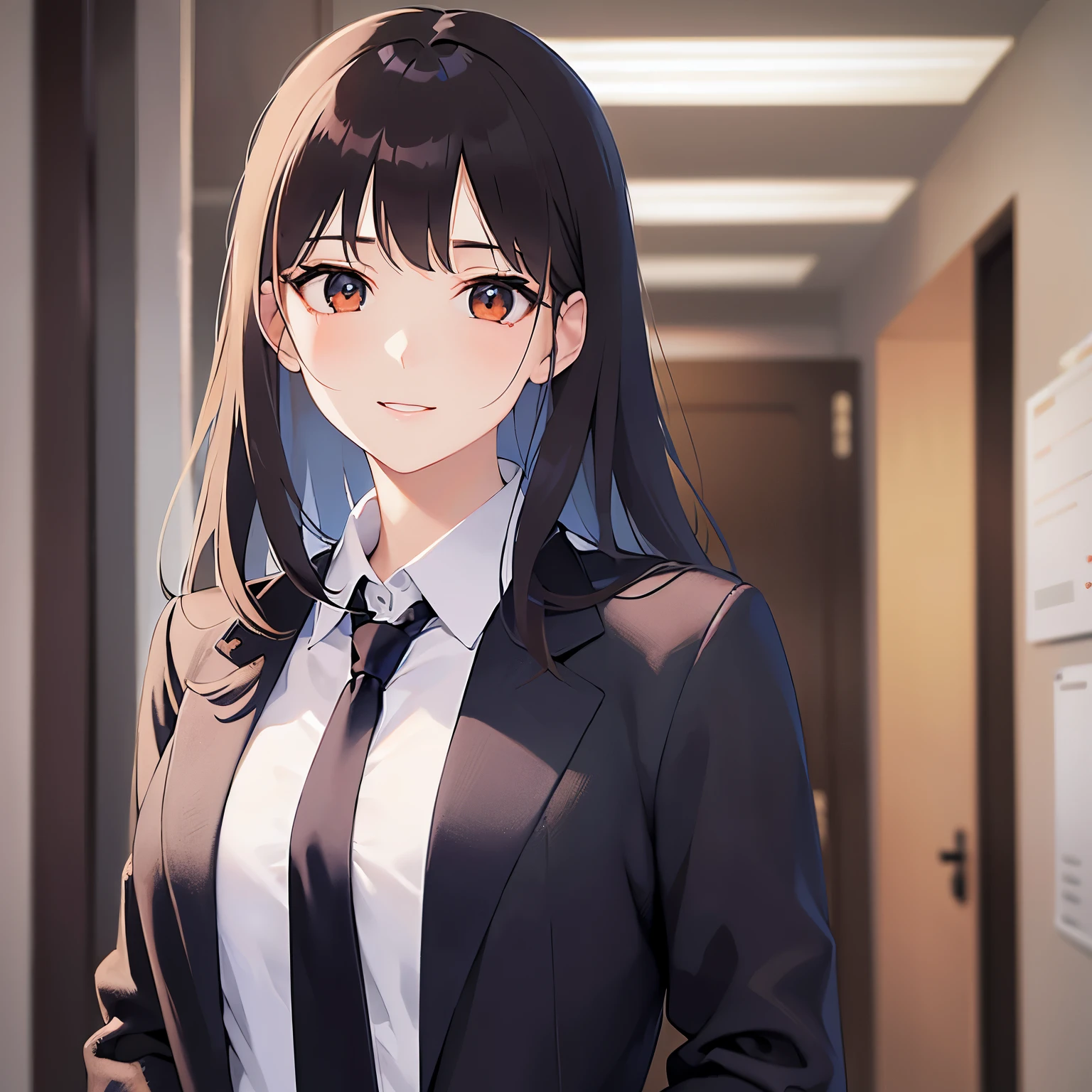 Upper Body, Realistic, real person, (pale skin: 1.2), RAW photo, photorealistic, shiny skin, shiny hair、(A 2 woman with medium-length hair and bangs) and (wavy hair) and (brown hair) and (orange eyes), (business suit:1.5) and (white collared shirt) 、smile, Background is an office room、Alone、Are standing
