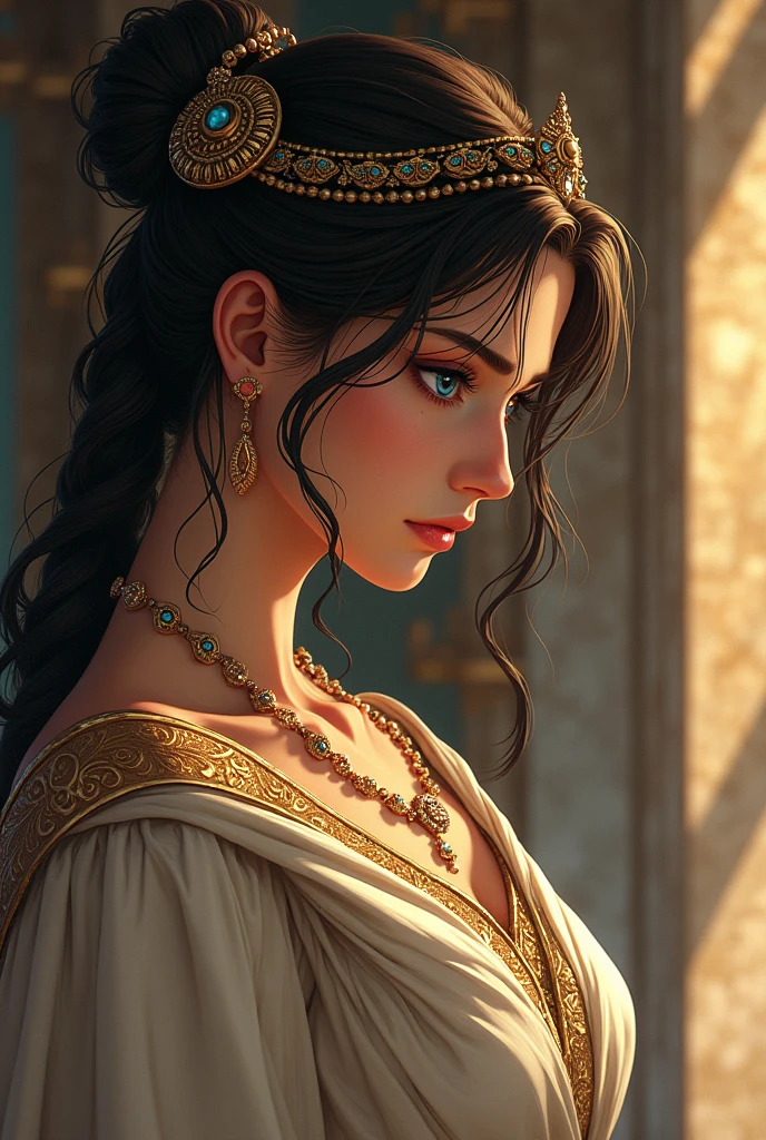 a sad princess of Mycenae from ancient Greece., (((anime styling))).