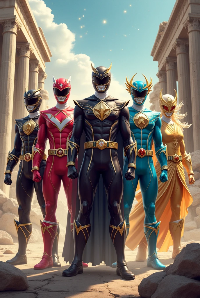 A group of Power Rangers with costumes inspired by Greek mythology with each one referencing the Greek gods Red Ranger: Zeus
Ranger Azul: Poseidon
Ranger Preto: Hades
Ranger Rosa: Aphrodite Yellow Ranger: Artemis
