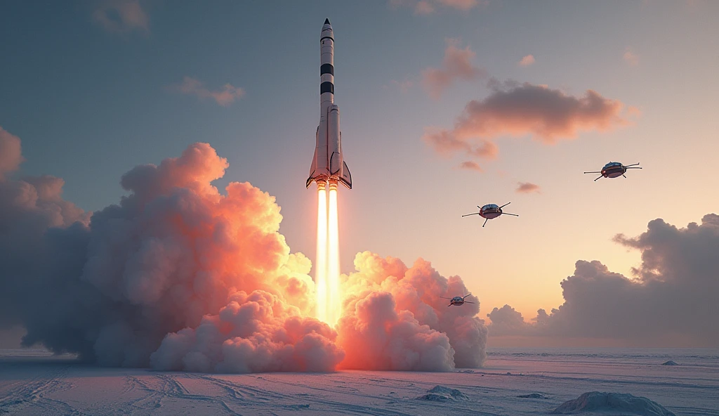 Illustrate SpaceX's Falcon 9 rocket launching into space from Vandenberg Space Force Base, with a focus on the Arctic region and satellite deployment. The image should depict the rocket soaring above a cold, remote Arctic landscape, with a constellation of satellites being deployed in a highly elliptical orbit. Highlight the integration of military and commercial satellite technologies, showcasing the advancement in Arctic connectivity and the strategic importance of the mission