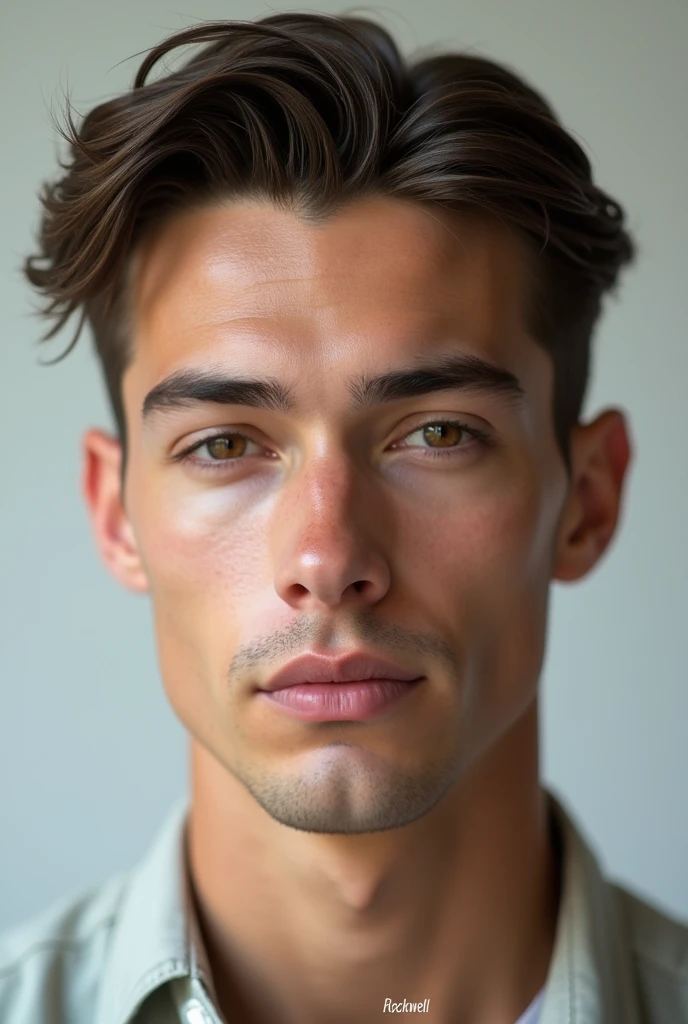 make a european guy with the most perfect facial features and a good facial harmony, psa is all 9, with a text rockwell on the bottom, no beards, no face lines, with hunter eyes and a positive canthal tilt, hollow cheekbones with a slickback hair, eyebrows thick, make him look young and again, no facial hairs, 