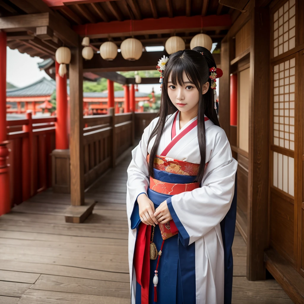 ((Highest quality、Tabletop、8k、Best image quality))、Japanese Shrine maiden of the Edo period、Japanese hair ornaments、Shrine maiden'White、Shrine maiden千早、Shrine maiden'Red too、long Red too、perfect red and white Shrine maiden costume、The atmosphere of ancient Japan、classic and classic Shrine maiden、Classic atmosphere、Depiction of the film、classic Shrine maiden、Full of Japanese atmosphere from the Edo period、Look at me、Elegant smile、Upper body photo、Perfectly recreates the atmosphere of Japan during the Edo period、whole body、halo、High quality,Japanese idol,18yo,expressionless,look at viewer,medium bob hair, brown hair,Colorful flower crown in primary colors, brown eyeshadow, light pink cheek,eyeliner, beige lipstick, glossy lips, pink dress with frills and lace, colorful flower petals in primary colors, detailed hair, slightly tousled hair, detailed eyelash,detailed skin pores,low angle,blue background,natural lighting