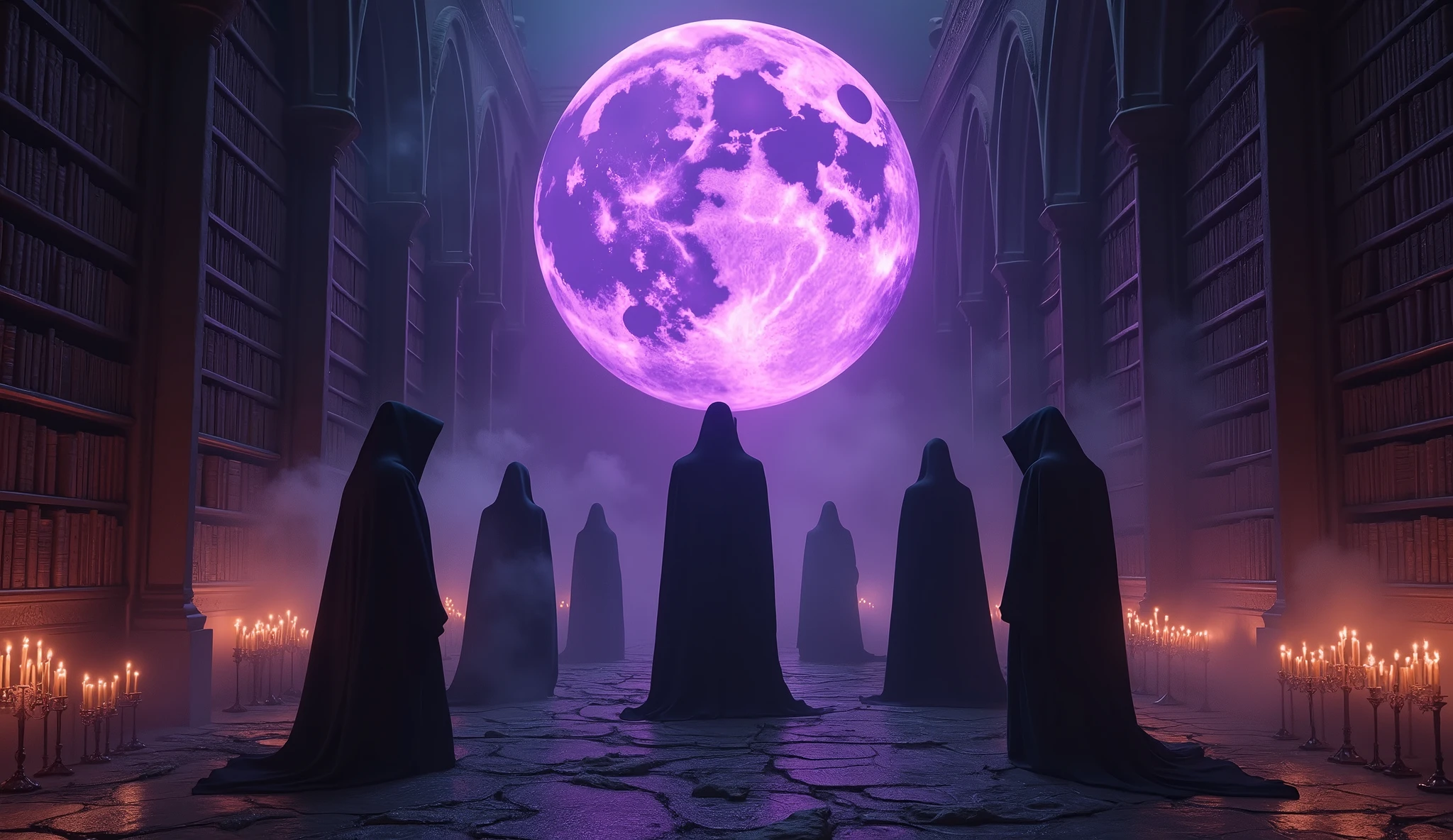 8k、 big purple moon ,zoom up(number々の賞を受賞したmasterpiece、Incredible detail、Texture、Maximum details),purple flame candle, (summoning magic),(The moonlight at night is beautiful), (Demon King's Castle),(dark organization)arafed image of a group of people in a church with candles,lit candle, dark cinematic concept art, elegant cinematic fantasy art, photorealistic dark concept art, by Beeple, dark robes, wojtek fus, gothic epic library concept, gothic epic library, epic cinematic concept art, dark concept art, Beeple and mike winkelmann, symmetrical epic fantasy art, High resolution, masterpiece, Highest quality, Intricate details, Very detailed, Clear focus, practical skin texture, texture, Shot with Canon, 85mm, Shallow and deep, Kodak Vision Color, Exactly, Very detailed, photograph_\(Extremist\), photographpractical, practical, Post-processing, Maximum details, Roughness, Real Life, Extremist practical, Photorealism, photographgraphy, 8K Ultra HD, photographgraphy