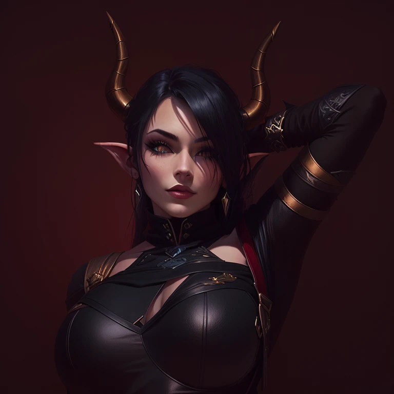 there is a woman Angled and a black top posing, Angled, tiefling female warlock, tiefling, Valkyrie-style characters, dnd portrait of a tiefling, tiefling rogue, Demon Horns, Devil May Cry&#39;s V appears as an elf, Horns and red eyes, attractive tiefling druid, Female Elf, alluring tiefling druid