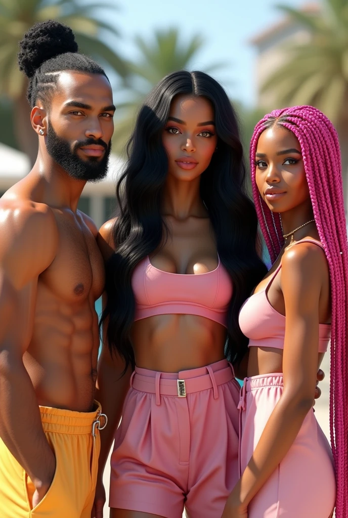 INSTAGRAM MODEL , with long black hair , with her friends , A very handsome and fair Arab guy , long black hair manbun, muscular with abs , Threaded long thick pink braids, full body view, ( white girls)