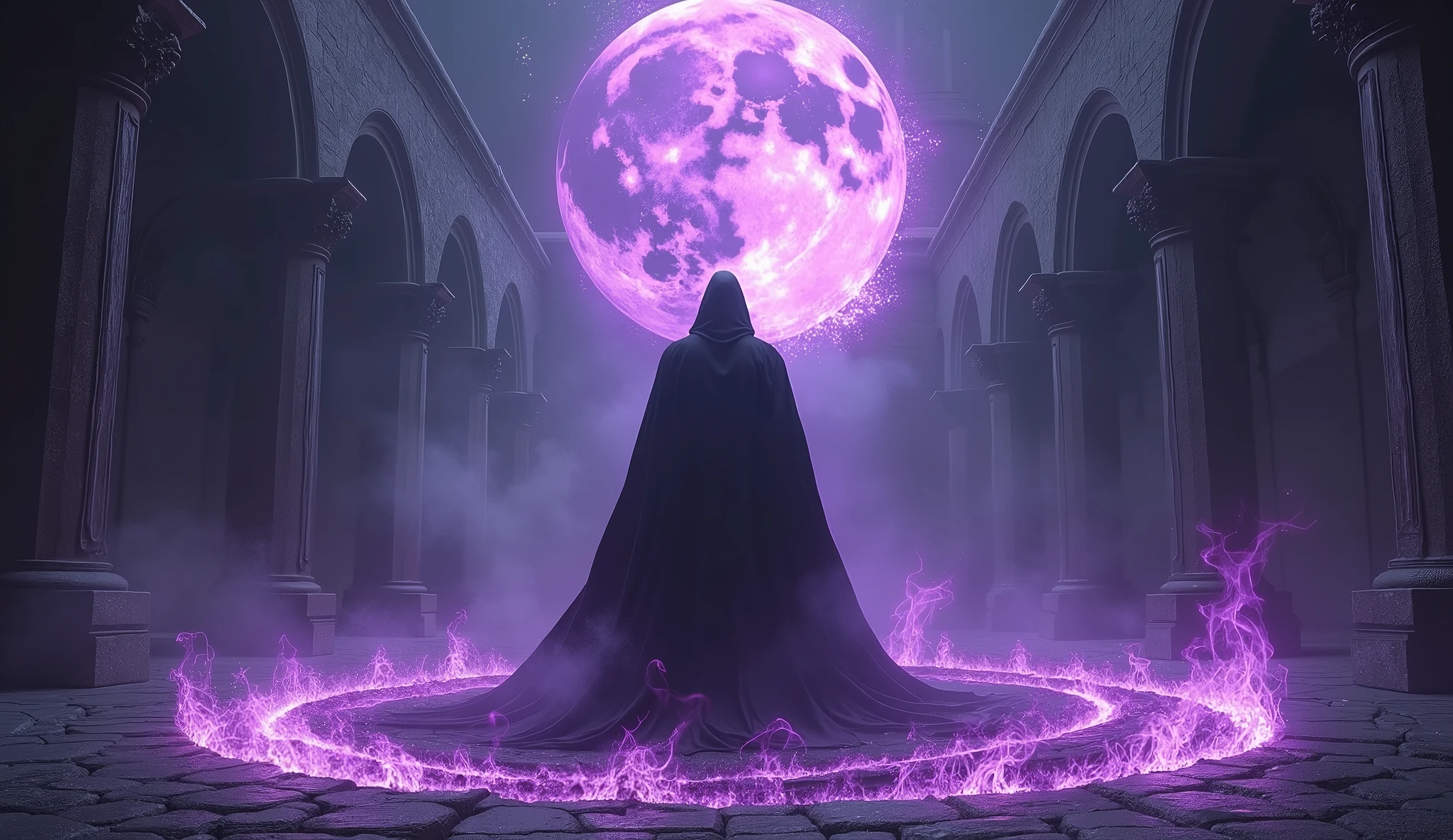8k、 big purple moon , cross of dark lord, king of angmar, touch of death, Taoist robes ,zoom up(number々の賞を受賞したmasterpiece、Incredible detail、Texture、Maximum details),purple flame candle, (summoning magic),(The moonlight at night is beautiful), (Demon King's Castle),(dark organization)arafed image of a group of people in a church with candles,lit candle, dark cinematic concept art, elegant cinematic fantasy art, photorealistic dark concept art, by Beeple, dark robes, wojtek fus, gothic epic library concept, gothic epic library, epic cinematic concept art, dark concept art, Beeple and mike winkelmann, symmetrical epic fantasy art, High resolution, masterpiece, Highest quality, Intricate details, Very detailed, Clear focus, practical skin texture, texture, Shot with Canon, 85mm, Shallow and deep, Kodak Vision Color, Exactly, Very detailed, photograph_\(Extremist\), photographpractical, practical, Post-processing, Maximum details, Roughness, Real Life, Extremist practical, Photorealism, photographgraphy, 8K Ultra HD, photographgraphy