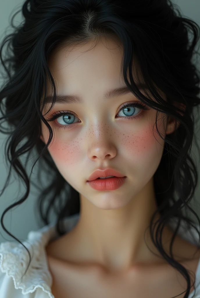 a girl with blue almond eyes long eyelashes, jet black curly hair,jet black arched done eyebrows slits,on nose,freckles,sharp jaw,high cheekbones,thick pink lips REALISTIC