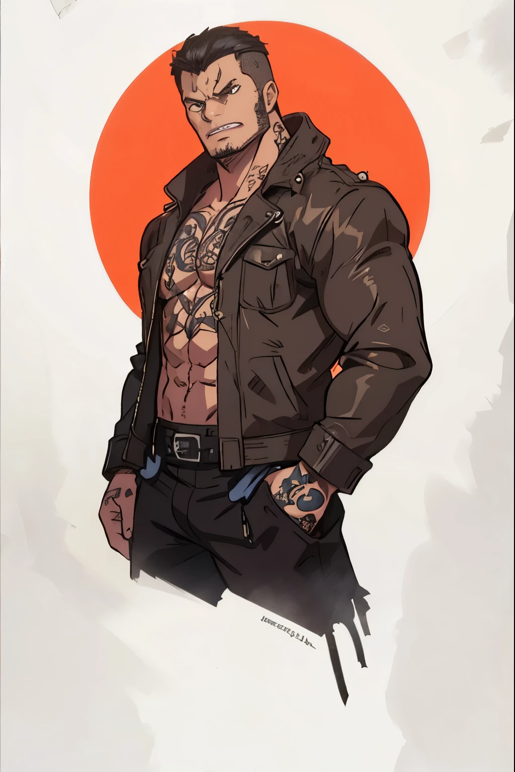 a man with tattoos and a leather jacket posing for a picture, muscular! cyberpunk, ernest khalimov body, concept art like ernest khalimov, muscular character, bodybuilder ernest khalimov, muscular characters, style of marcin blaszczak, muscular body tattooed, male character design, full body greg rutkowski, tattooed man, arnold maya render, human male character art