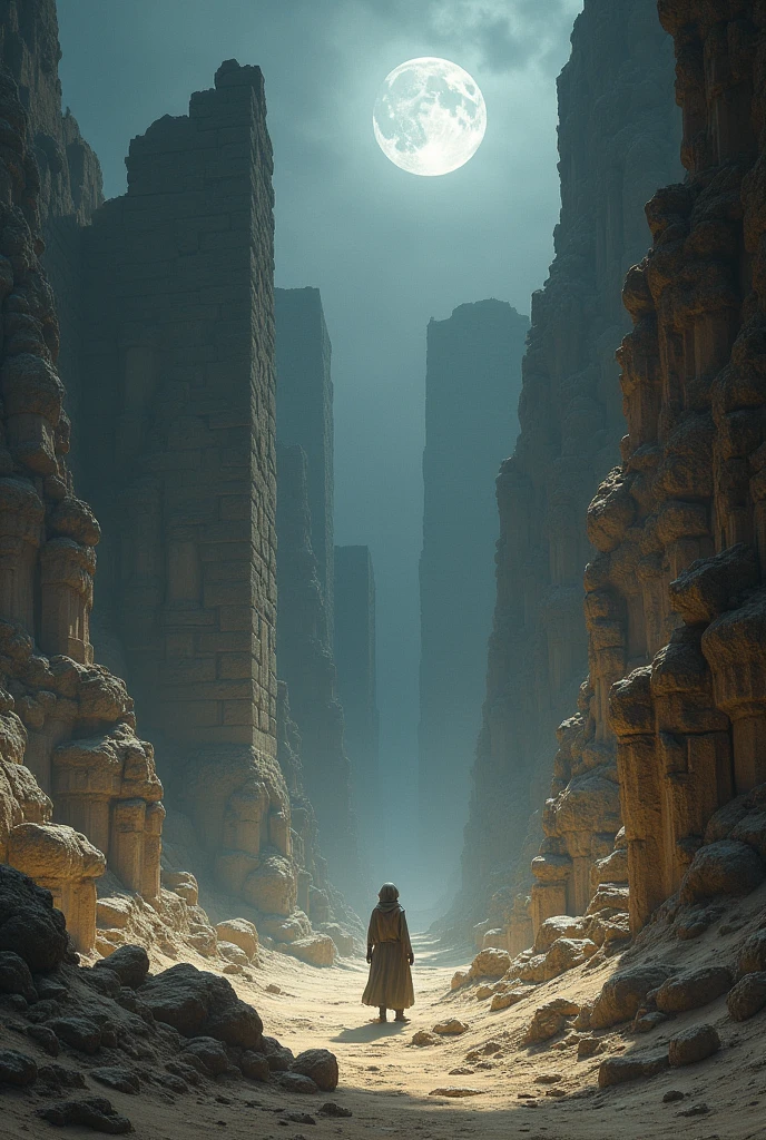 From above, this area had looked like nothing more than rocky desert, hidden in shadows and mottled moonlight. But from the ground, the scale of it all was staggering. Jagged stones loomed over us. What from above had appeared to merely be textures of the earth were revealed to be pieces of old buildings—stone beams and broken columns protruding from the sands, long-buried glimpses of some version of this society that had fallen long ago, worn down by time.