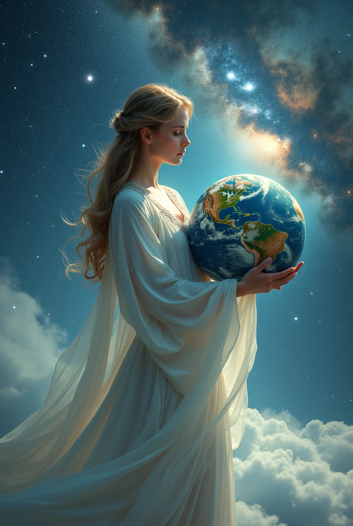 masterpiece、Highest quality、Highest quality、Detailed Description、beautiful、art、Epic、The vast universe、Mother Universeに抱かれる地球、Mother Universe、Milky Way、Woman holding the earth、A woman in white clothes holds the earth、The vast universe、4K Graphics
