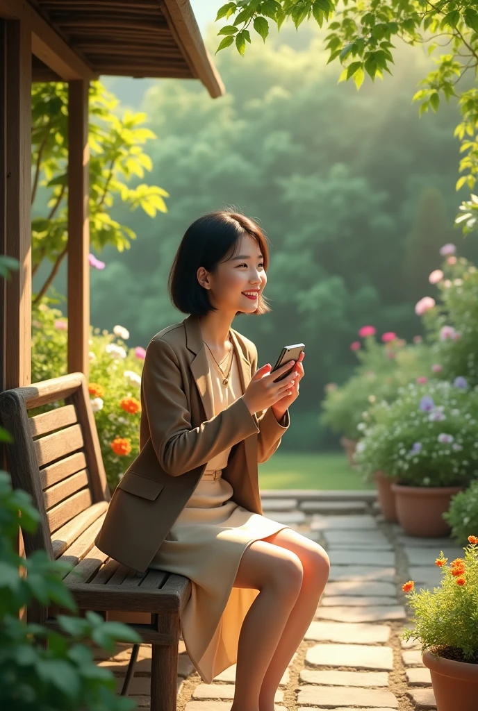 A realistic, live-action scene set in a peaceful garden, where a young woman sits on a rustic wooden bench under a simple awning. She is dressed in a light beige dress paired with a brown blazer, and her short, dark hair is styled neatly, framing her face softly. She sits with her legs crossed, holding a small object, like a phone or notebook, in her hands while gazing forward with a gentle smile. The natural background features lush greenery, with bushes, plants, and trees casting soft, dappled sunlight. The entire scene is illuminated by warm, natural light filtering through the leaves, creating a tranquil and inviting atmosphere. The garden is filled with realistic potted plants, blooming flowers, and various shrubs, capturing the serenity of a real-life outdoor moment.
