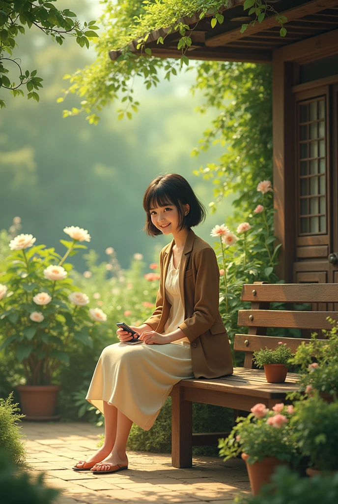 A realistic, live-action scene set in a peaceful garden, where a young woman sits on a rustic wooden bench under a simple awning. She is dressed in a light beige dress paired with a brown blazer, and her short, dark hair is styled neatly, framing her face softly. She sits with her legs crossed, holding a small object, like a phone or notebook, in her hands while gazing forward with a gentle smile. The natural background features lush greenery, with bushes, plants, and trees casting soft, dappled sunlight. The entire scene is illuminated by warm, natural light filtering through the leaves, creating a tranquil and inviting atmosphere. The garden is filled with realistic potted plants, blooming flowers, and various shrubs, capturing the serenity of a real-life outdoor moment.