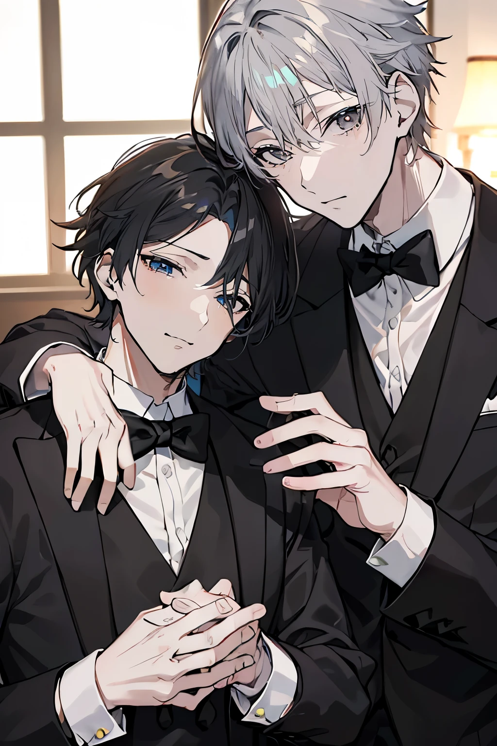 (Mastepiece)、(Best Quality)、Very detailed、((Two butlers:1.5))、Perfect Face、Beautiful Face、Very detailedな顔、(Black-haired man:1.3)、(Grey-haired man:1.3)、Deacon&#39;s uniform、(glasses:1.3)、(White gloves:1.3)、Smiling face