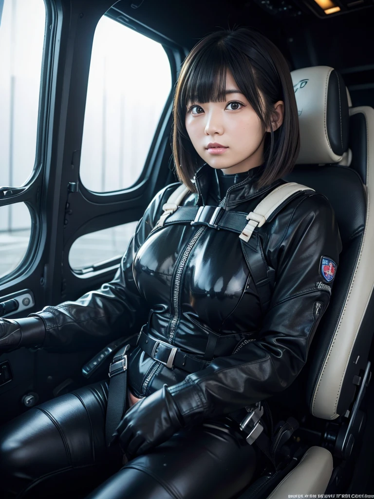 masterpiece, Highest quality, Very detailed, Beautiful 2 Japanese woman,Plump,Blunt bangs,Sitting in the cockpit and piloting,Black bodysuit,Thick harness belt