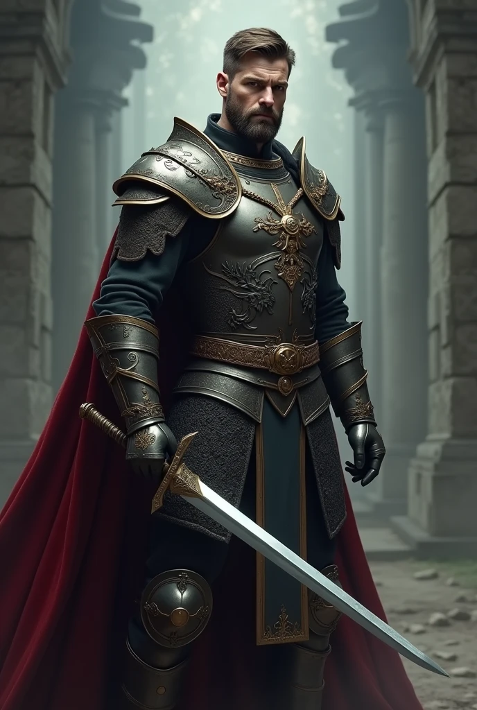 medieval fantasy man full body portrait with one hand on the handle of his sword attached to his belt, and the other hand behind his back, his cape one one shoulder, tight pants and facing the camera, he is proud