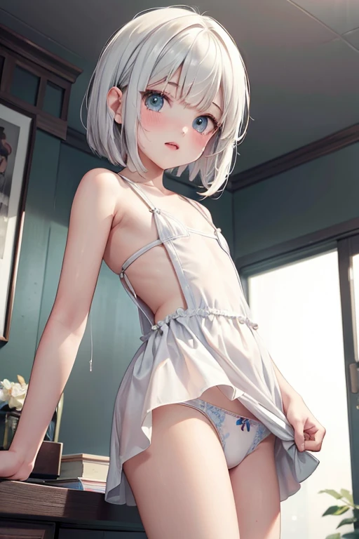 ((Highest quality)), ((masterpiece)), (detailed), A large amount:1.2),extremely detailed cute anime face, (((Flat Chest))), (Flat Chest:1.1),((((Short Bob Hair)))),Complex eyes,beautiful detailed eyes,Symmetrical eyes,(((detailed face))),beautiful detailed lips, If you look at this, (((Embarrassing))),(emotional expression),(My heart is pounding with anticipation.), A translucent white dress reveals her skin、String panties,one hand in panties,Filling condoms,Used Condoms