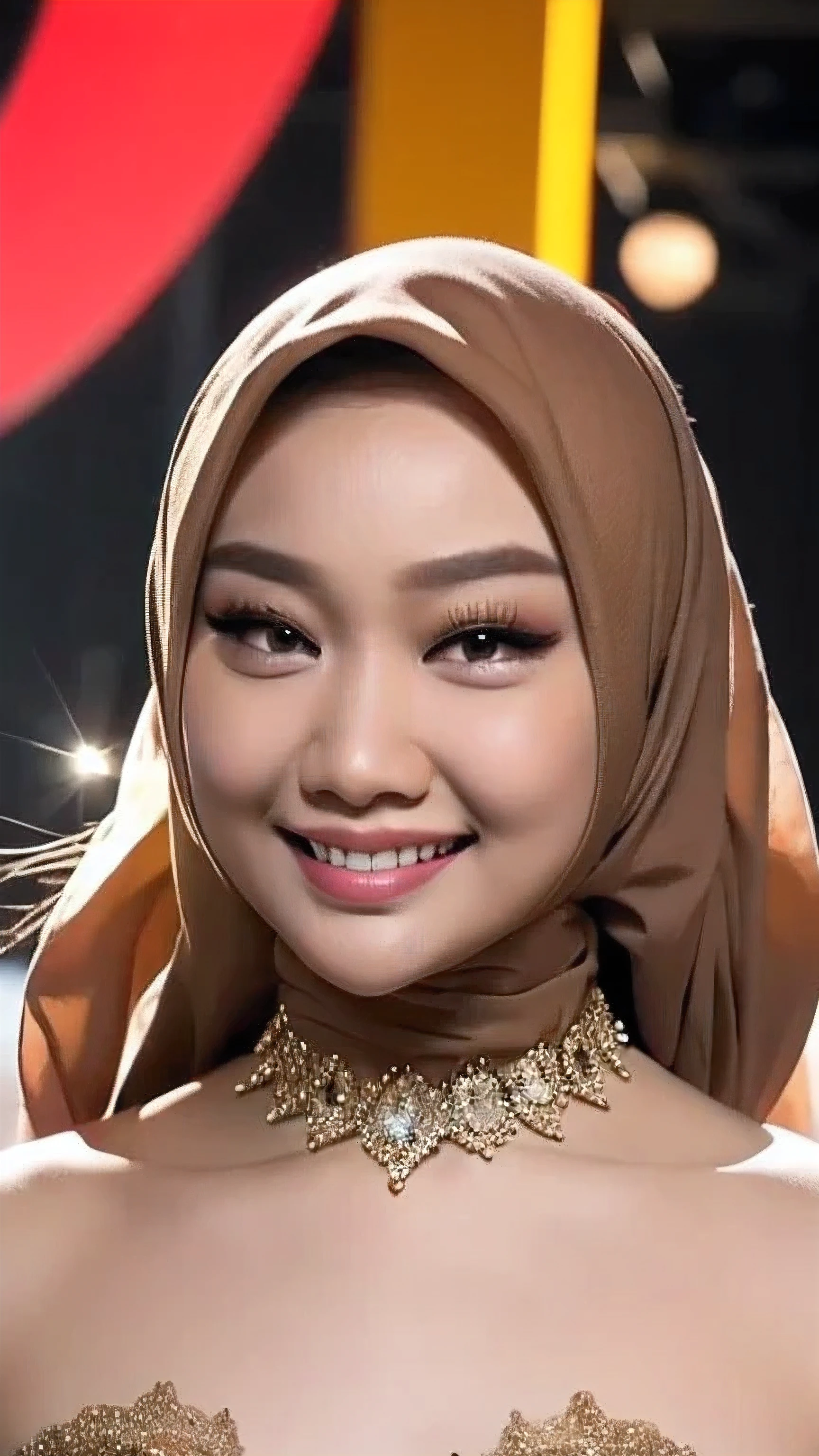 Hjab, mole in lip, indonesia, girlvn01, 1girl, (smile:1.4) Stunningly Beautiful Girl, Haute_Couture, designer dress, wearing Haute_Couture, posing for a picture, fashion show, Long shaped face, angry, crazy, dark red eyes, Sandy Blonde side-swept hair, short hair, long ringlets, catwalk \(walkway\), , colorful, vivid colors, masterpiece, best quality, absurdres, highest quality, amazing details, 8k, aesthetic,