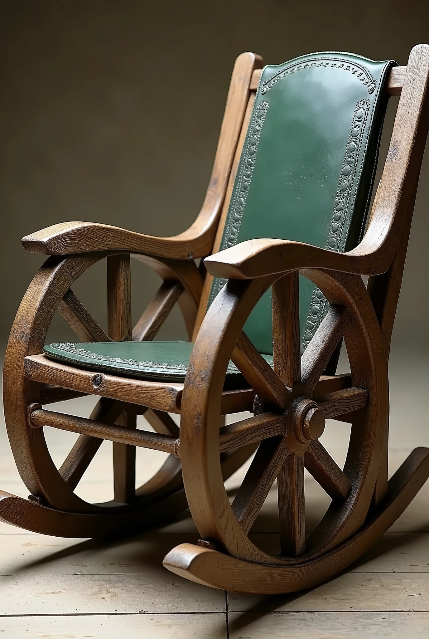 Rocking chair, of wood, rustic style. With large wheelbarrow wheels on its armrests, a comfortable dark green leather seat and backrest, and a wood full of openwork details, Designed for a Lord of the Rings hobbit.