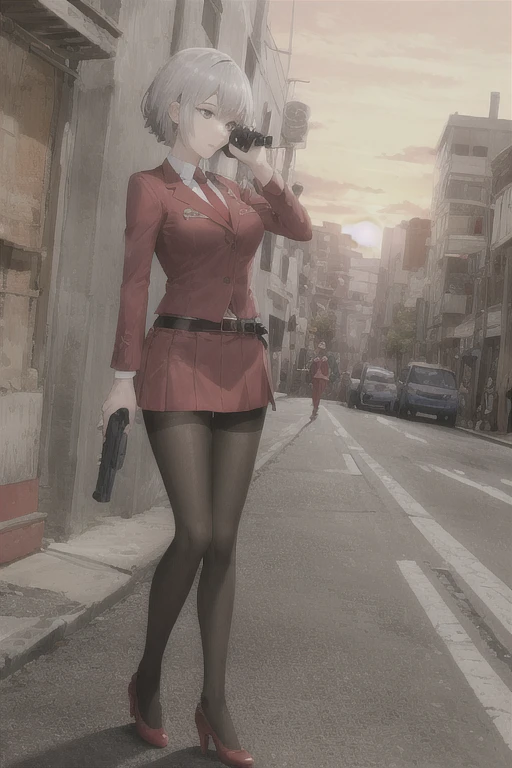 Highest quality、Ultra HD、One Woman、(Silver short hair)、(Red Blazer 1.3)、(Red tie)、(shirt)、(Red Heels 1.1)、((Red Mini Tight Skirt))、((Black Tights 1.2))、((1 holding a gun in both hands.5))、stylish、Beautiful Face、(Black Belt 1.2)、2 female、Glamorous Body、(Sunset slum background 1.2)、((Clear and beautiful touch))