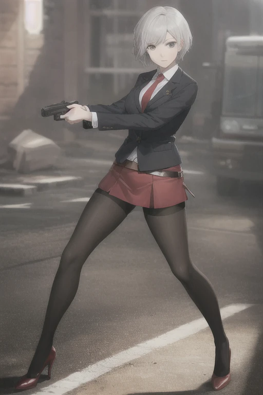 Highest quality、Ultra HD、One Woman、(Silver short hair)、(Red Blazer 1.3)、(Red tie)、(shirt)、(Red Heels 1.1)、((Red Mini Tight Skirt))、((Black Tights 1.2))、((1 holding a gun in both hands.5))、stylish、Beautiful Face、(Black Belt 1.2)、2 female、Glamorous Body、(Sunset slum background 1.2)、((Clear and beautiful touch))