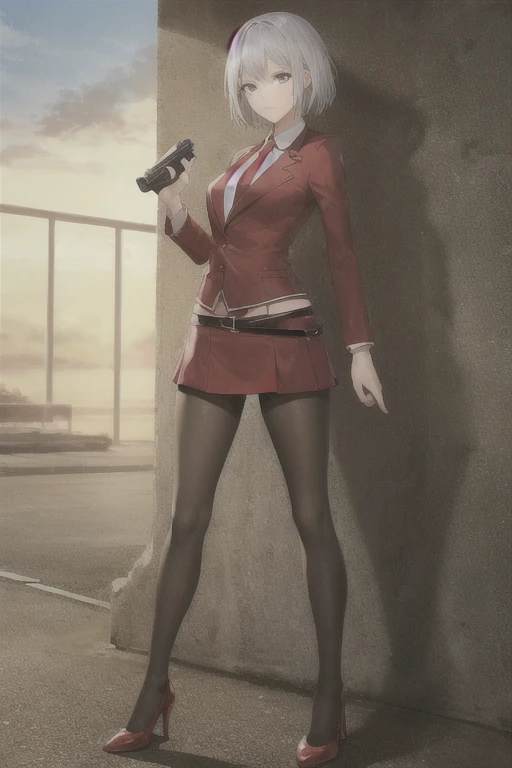 Highest quality、Ultra HD、One Woman、(Silver short hair)、(Red Blazer 1.3)、(Red tie)、(shirt)、(Red Heels 1.1)、((Red Mini Tight Skirt))、((Black Tights 1.2))、((1 holding a gun in both hands.5))、stylish、Beautiful Face、(Black Belt 1.2)、2 female、Glamorous Body、(Sunset slum background 1.2)、((Clear and beautiful touch))
