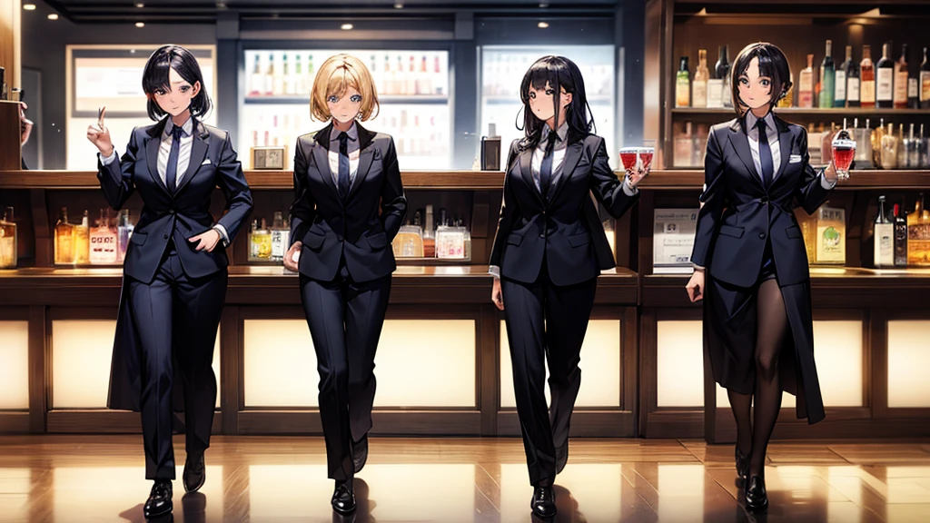 5 girl walking, group walk, look at you, background on bar, 3 girls are detectives, 2 girl are businesswomen, background bar and wine