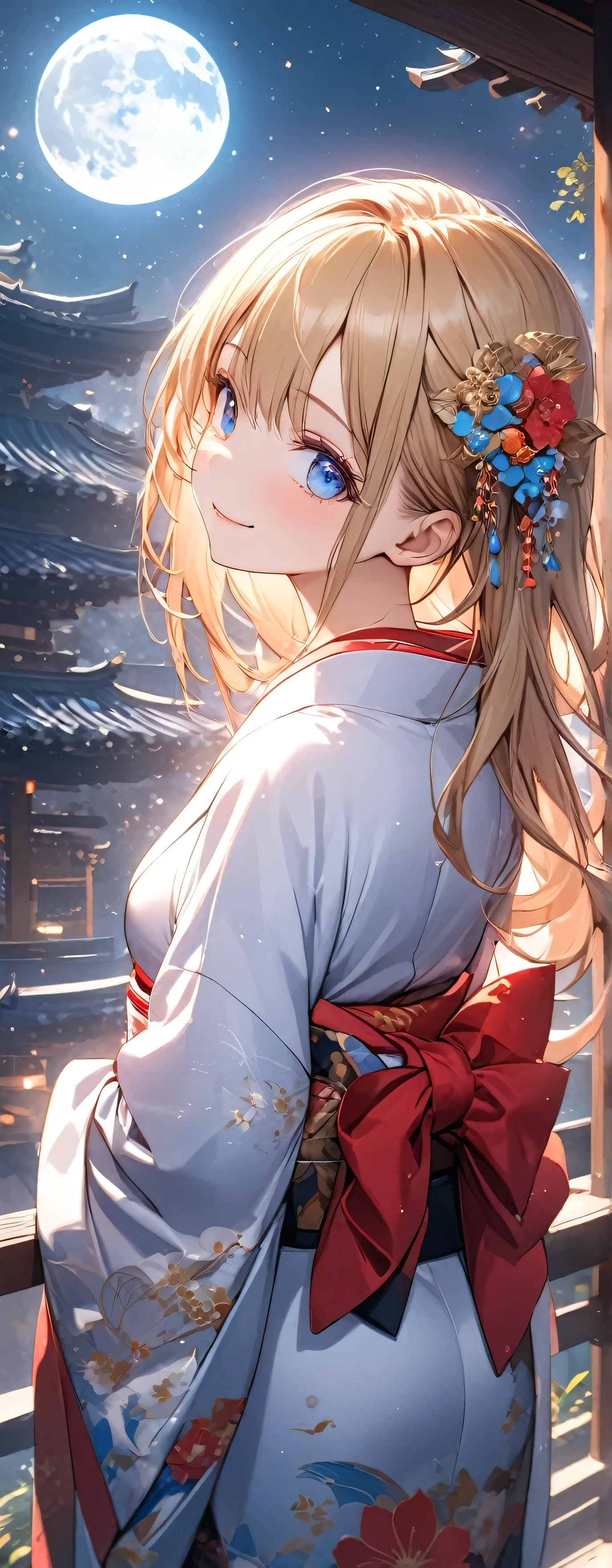 (beautiful girl: 1.3),1girl,masterpiece, Highest quality, Ultra-high resolution,Rich contrast,super high quality,8k,Highly detailed CG unit wallpaper,texture,Unbelievably absurd,Ultra-high resolution,RAW Photos,Depth of Field 1.2,(Beautiful and detailed kimono),smile,Light blue eyes,Very fine eye,bigeyes,Droopy eyes,White skin,blonde,moon between the clouds,stardust,mystic glow,phantom moon,(from behind:1.8), (Gazing-into-the-Distance:1.3),(Looking Up 1.3),Veranda,wariza,She is gazing at the moon