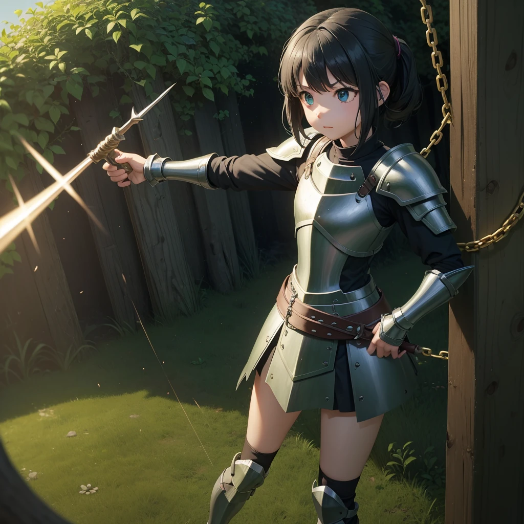 最high quality、high quality、Simple Cloth Armor、10Year-old girl adventurer、Equipped with a weapon that has a short chain at the end of a stick and a spiked iron ball at the end of the chain、In a dark maze、Green armor