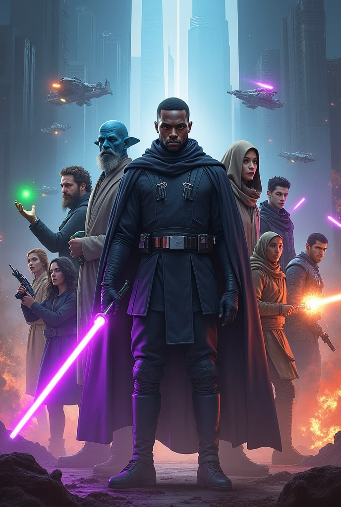 A captivating and visually stunning sci-fi movie poster featuring a central figure, a determined black man in a dark cloak, wielding a glowing purple lightsaber. Surrounding him is a diverse array of characters, including a blue-skinned alien, a bearded elder with a green sphere of energy on his hands, a woman with dark hair and a yellow energy knives, a little strong alien with blue hair wielding a purple energy staff and brown robes and hood, and a slim human-shaped droid in black heavy armor wielding a heavy blaster. The background showcases a futuristic cityscape with towering structures, while aerial combat spacecraft engage in intense battles. The color palette is a striking blend of blues, oranges, and reds, evoking an intense and dynamic atmosphere. The composition is packed with action and intrigue, making it an unforgettable illustration that promises a thrilling cinem, illustration, poster, cinematic