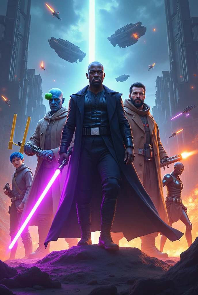 A captivating and visually stunning sci-fi movie poster featuring a central figure, a determined black man in a dark cloak, wielding a glowing purple lightsaber. Surrounding him is a diverse array of characters, including a blue-skinned alien, a bearded elder with a green sphere of energy on his hands, a woman with dark hair and a yellow energy knives, a little strong alien with blue hair wielding a purple energy staff and brown robes and hood, and a slim human-shaped droid in black heavy armor wielding a heavy blaster. The background showcases a futuristic cityscape with towering structures, while aerial combat spacecraft engage in intense battles. The color palette is a striking blend of blues, oranges, and reds, evoking an intense and dynamic atmosphere. The composition is packed with action and intrigue, making it an unforgettable illustration that promises a thrilling cinem, illustration, poster, cinematic