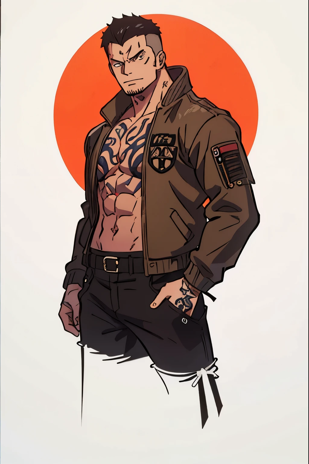 a man with tattoos and a leather jacket posing for a picture, muscular! cyberpunk, ernest khalimov body, concept art like ernest khalimov, muscular character, bodybuilder ernest khalimov, muscular characters, style of marcin blaszczak, muscular body tattooed, male character design, full body greg rutkowski, tattooed man, arnold maya render, human male character art