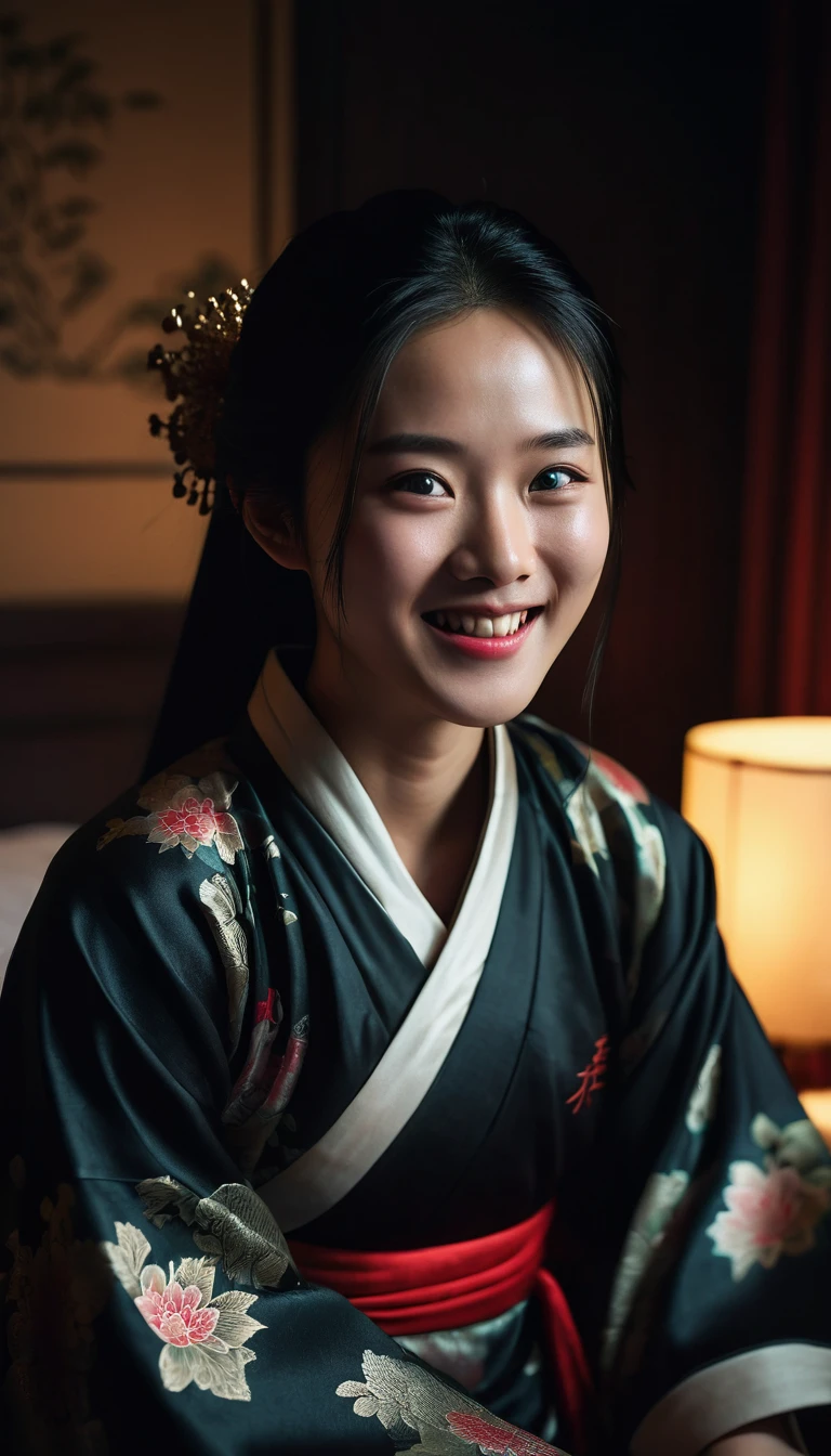 A young girl, happy face, eyes wide open, rosy skin, smiling mouth. Sitting on the bed, looking into the darkness, the room is lit up. Black hair, traditional Chinese dress. Peaceful atmosphere, dramatic lighting, close-up shot.
Hong Kong cinema style. Cinematic lighting, high detail, 8K, artstation, conceptual art, dark fantasy. Photo taken with Canon EOS R5 85mm f/11 camera, sharp mode of people and surrounding scenery. 8K picture quality, realistic, masterpiece, sharpest and highest contrast, excellent depth of field, stereoscopic light, Direct light on the face.