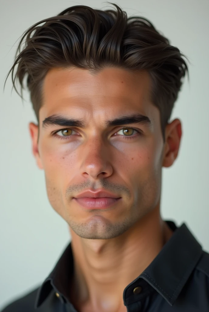 make a european guy with the most perfect facial features and a good facial harmony, psa is all 9, with a text rockwell on the bottom, no beards, no face lines, with hunter eyes and a positive canthal tilt, hollow cheekbones with a slickback hair, eyebrows thick, make him look young and again, no facial hairs, and no facial lines, look very young atleast 1