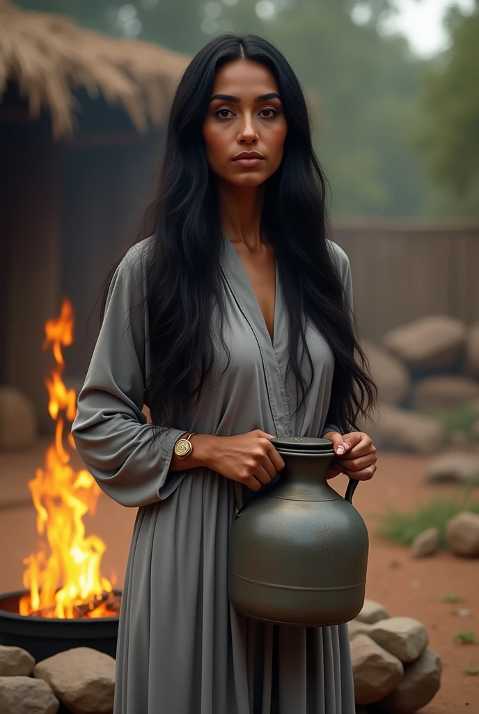 Photorealism woman aged 45 years ,long black hair thick eyebrows, Egyptian origin ,wearing a long-sleeved flowing gray dress, holding a metal water jug ,near the outdoor fire pit