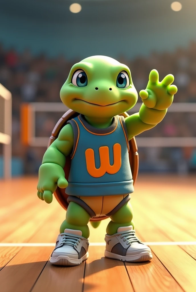 Waku, an adorable turtle with vibrant green skin and a rich brown shell, looks up with bright blue eyes shining with excitement, as if celebrating a triumphant spike, stands on a modern indoor volleyball court with polished wooden floors, waving and introducing himself to the spectators, wearing a blue tank top with a stylized orange lowercase "W" logo on the chest, his tiny tennis shoes laced up and ready for the next service, capturing the essence of his spirit. cheerful and competitive, with soft, warm lighting that casts a comforting glow on the overall scene. He is greeting the public