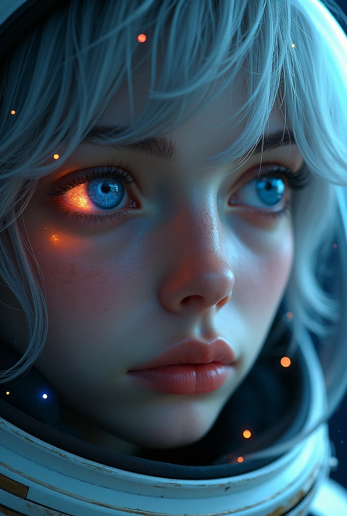 (Close-up of a better masterpiece:1.5)0.9], (Space and astronauts:1.2) (Messy silver hair:1.1) (Heterochromia xanthochromia and blue eyes:1.2) (Space Helmet:1.0) (Colored stars in the eyes:1.0) (A radiant glow:1.1) (thick lips:0.9)