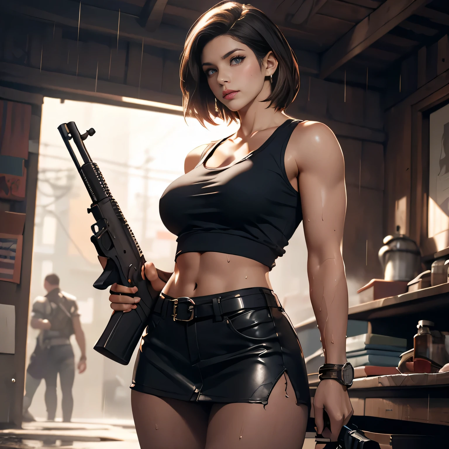 Pretty Caucasian (female), Sarah Shahi, a slim but muscular body, huge breasts, dark brown messy hair, blue eyes, Jill Valentine look, short hair, blue tank top, torn clothing, leather micro miniskirt, ultra miniskirt, huge breasts, exposed beautiful thighs, slim waist, wide hips, high waist, serious expression, hard nipple, breasts about to burst of her clothing, Resident Evil, zombie apocalypse background, at night, rain, wet clothes, Holding a rifle in both hands, best quality, masterpiece, intricate details, tone mapping, sharp focus, hyper detailed, trending on Art station, realistic, (looking at viewer:1.3), shooting gun