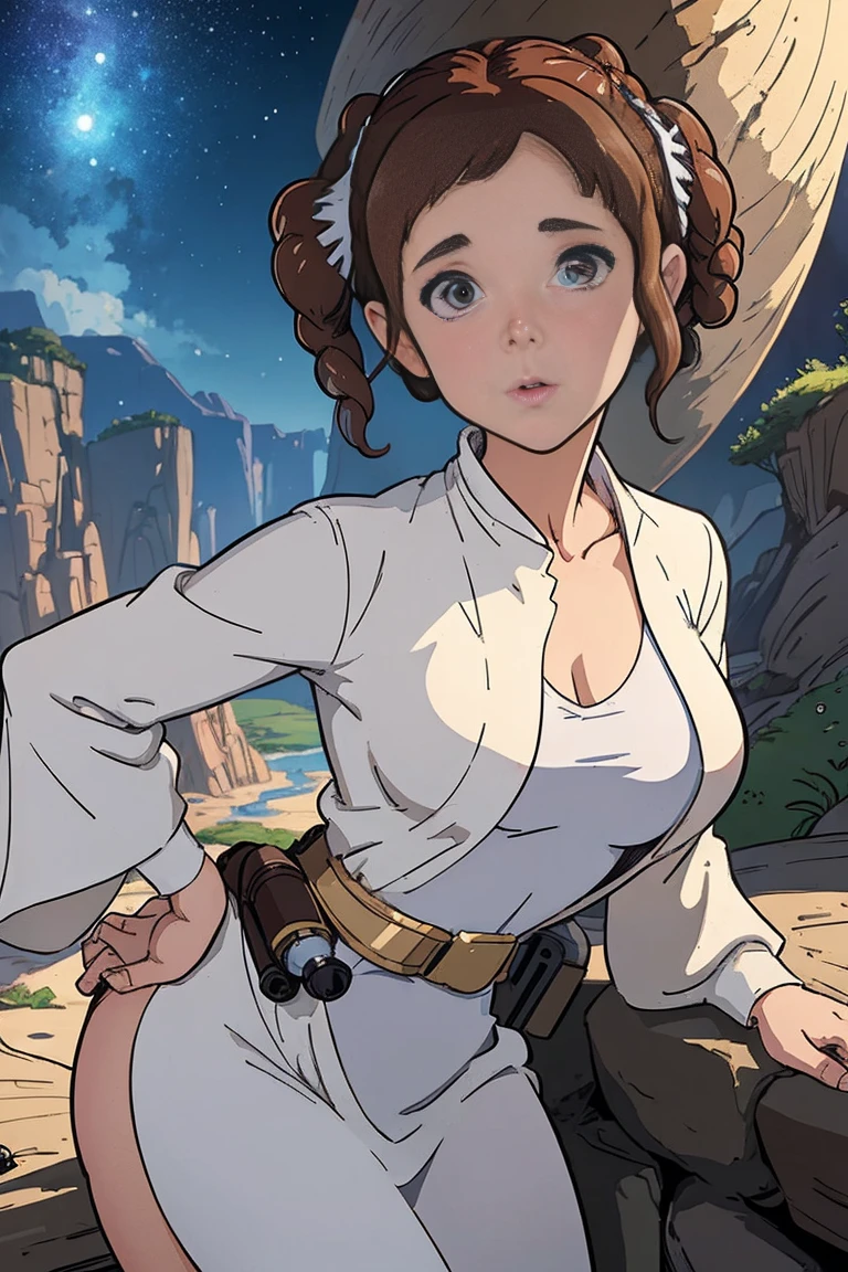 (masterpiece, best quality;1.3), extremely detailed picture, ultra detailed, princess leia, valley of the wind in the background, hayao miyazaki,1girl, solo,  comics, bust shot,, looking at viewer,