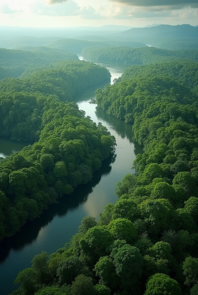 Aerial view of the Amazon Rainforest over a plain. The image must contain the Amazon River, very wide. The image must not have saws, nem montanhas.