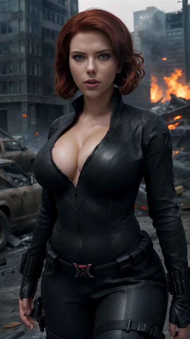 Black Widow takes care of me as I'm sick. Scarlett Johansson in a sexy look. hairstyle red hair black widow, red hair color, big breasts kate upton, bright makeup eyelashes, plump lips smile, thin body, fit. Sexy positions in tight latex. nsfw, with the background of (ruined city:1.1), unreal engine, realistic style, finely detailed, ultra detailed, high resolution,
