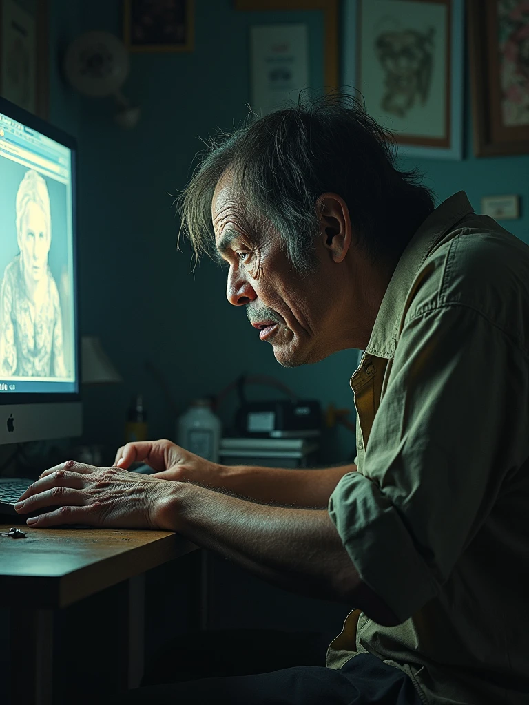a ugly dirty white guy masturbating by looking at computer screen the screen is visible