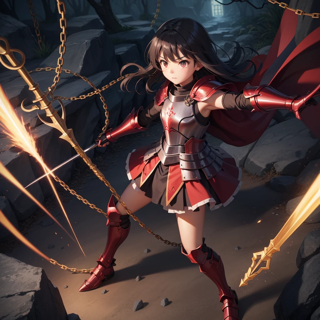 最high quality、high quality、Simple red cloth armor、１０Year-old girl adventurer、Equipped with a weapon that has a short chain at the end of a stick and a spiked iron ball at the end of the chain、In a dark maze、