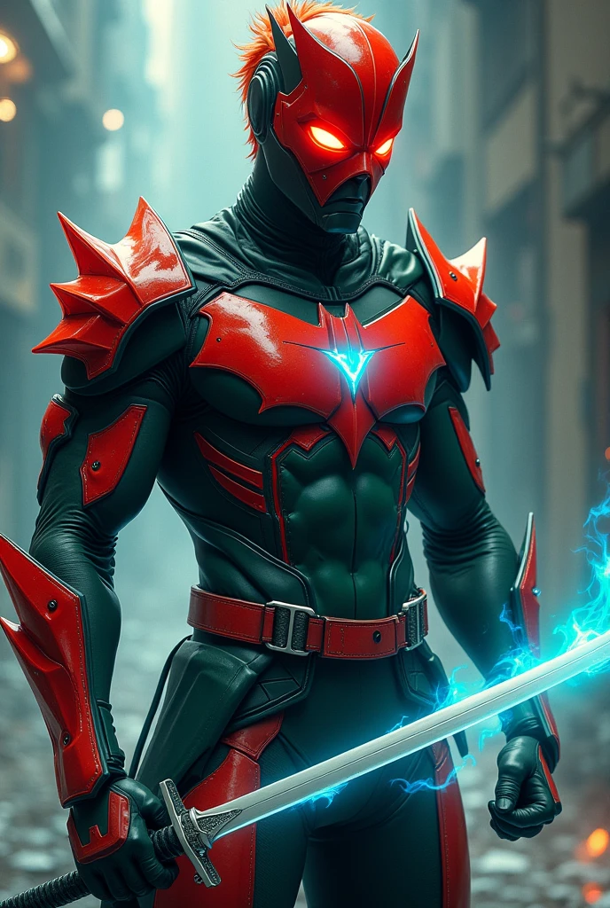 a male super hero that have flame power with red hair black armor green chest armor
short hair his shoulder plate sharp no cape white glove armor look like a ninja style
show his under part too chest has a logo of bat
then he had a sword that blue flame his helmet has sharp ear cover his entire face
with red glow eye glass
show his entire body