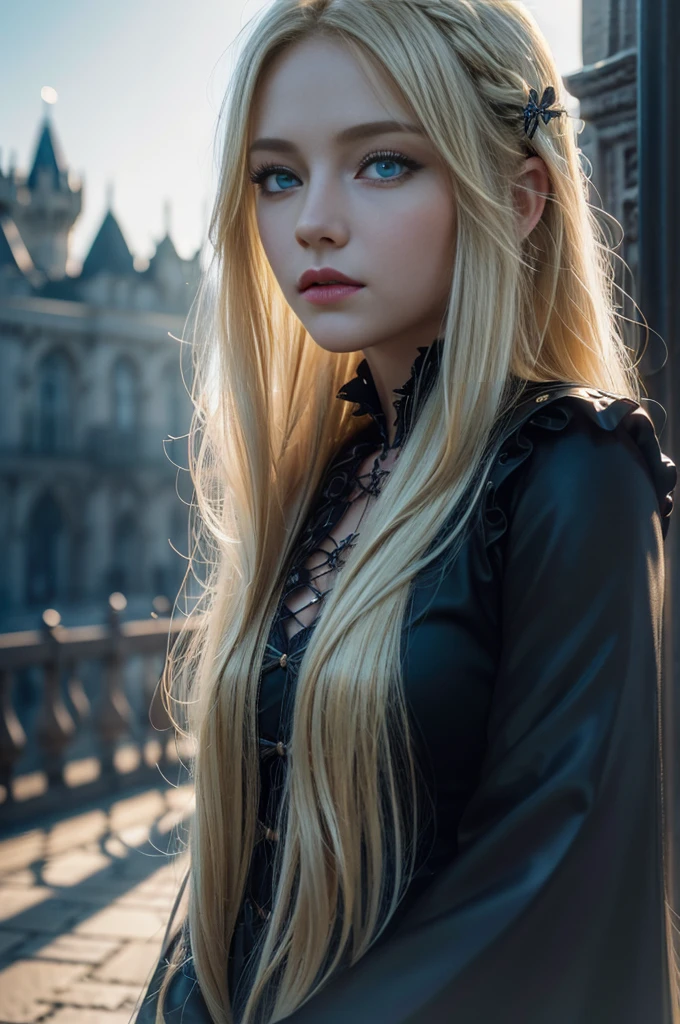 (Highly detailed CG Unity 8K wallpaper,pieces fly, highest quality, Super detailed),(best illumination, best shadow, very delicate and beautiful),fluffy,high color saturation,blonde hair+eyes are blue:1.2,Dark Gothic landscape, long hair, Gaze into the distance. (Beautiful girl with long blonde hair and shining gothic lighting with blue eyes)、cheek gloss highlight
