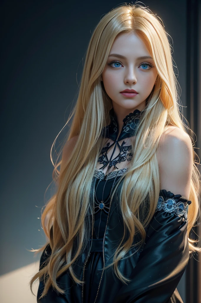 (Highly detailed CG Unity 8K wallpaper,pieces fly, highest quality, Super detailed),(best illumination, best shadow, very delicate and beautiful),fluffy,high color saturation,blonde hair+eyes are blue:1.2,Dark Gothic landscape, long hair, Gaze into the distance. (Beautiful girl with long blonde hair and shining gothic lighting with blue eyes)、cheek gloss highlight
